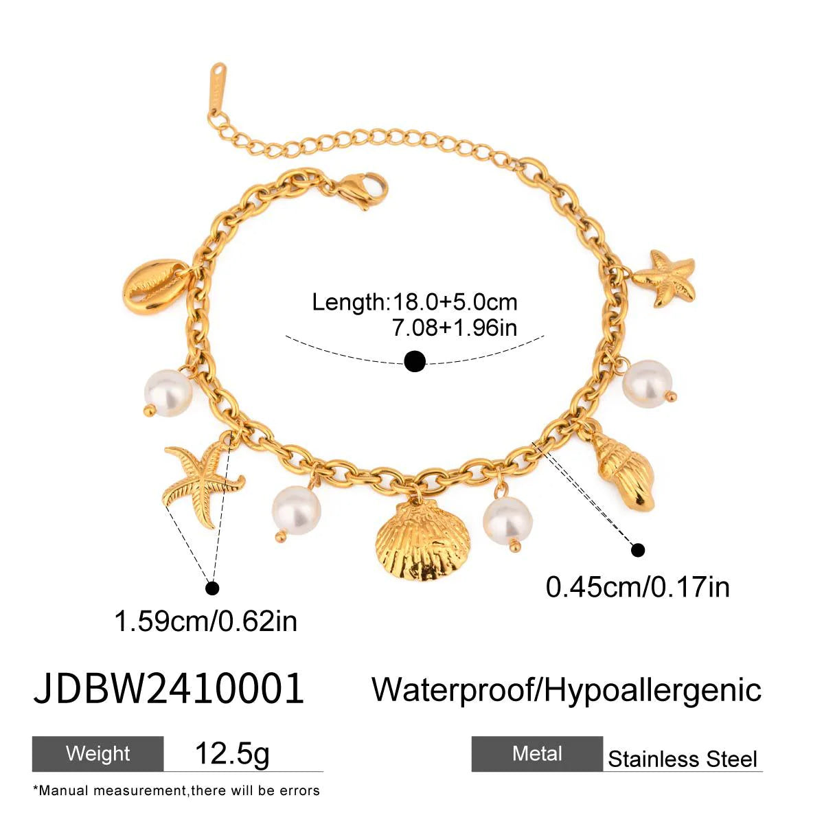 Women's 18K Gold Stainless Steel Pearl Shell Pendant Bracelet